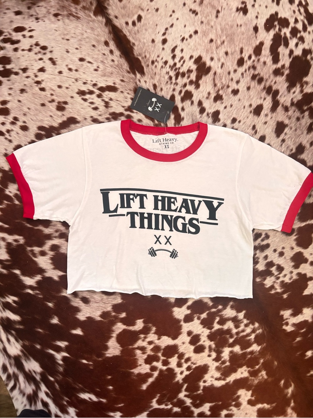 Lift Heavy White & Red Ringer Crop Tee‎